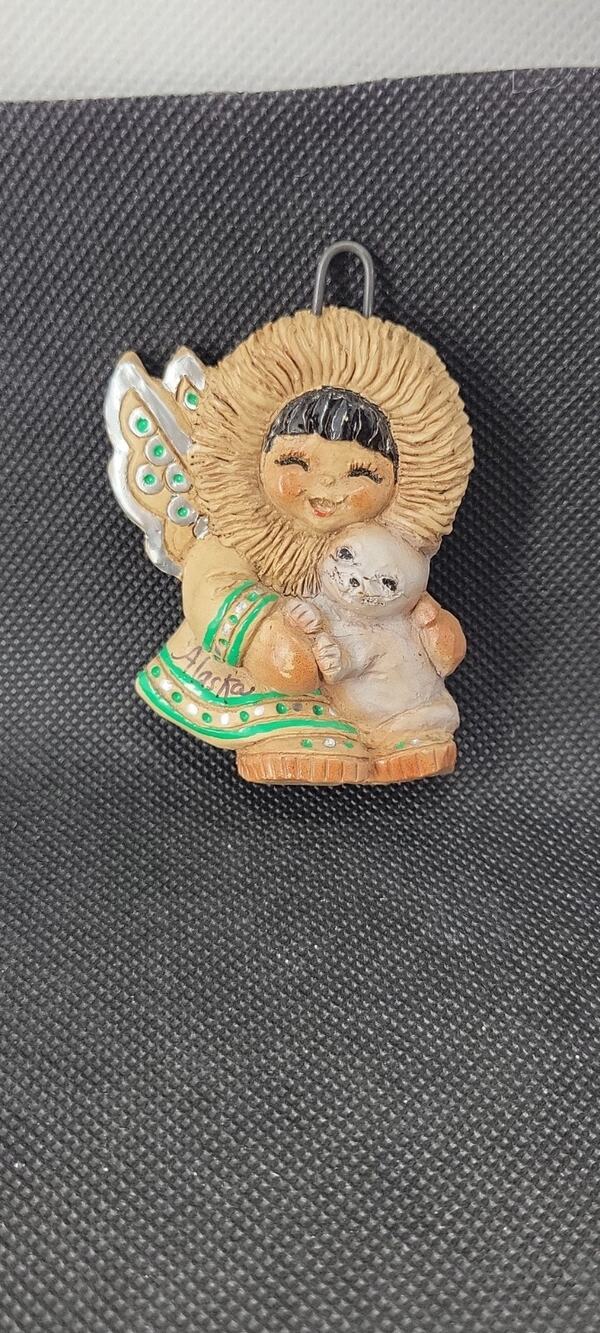 Vintage 1991 Eski Angels Handcrafted Handpainted Eskimo Seal Christmas Ornament